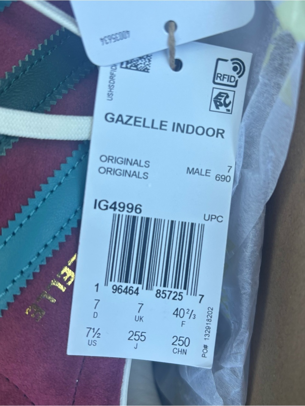 adidas Gazelle Indoor Burgundy Suede Sneakers with Teal and Dark Green Stripes - Picture 3 of 9